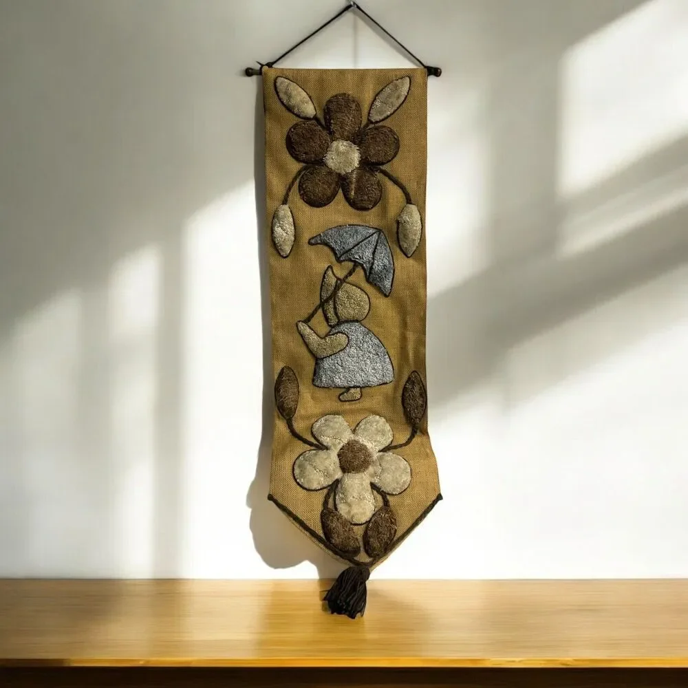 Vtg MCM 60’s 70’s Burlap Carpet Wall Hanging Tapestry‎ Floral Prairie Boho Decor